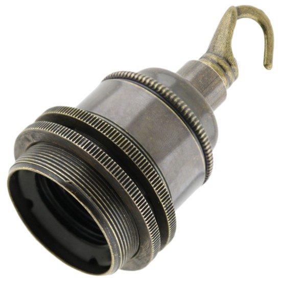 Traditional Edison Screw Lamp Holder (E27) with Shade Rings and Metal Deco Styled Hook in Antique Finish