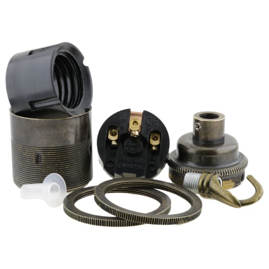 Traditional Edison Screw Lamp Holder (E27) with Shade Rings and Metal Deco Styled Hook in Antique Finish