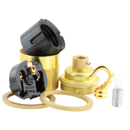 Traditional Edison Screw Lamp Holder (E27) with Shade Rings and Metal Deco Styled Hook in Raw Brass