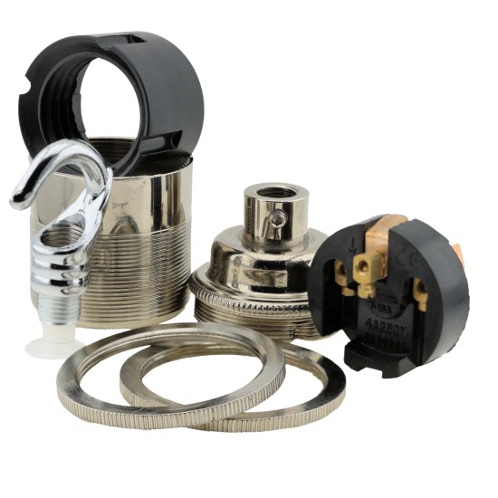 Traditional Edison Screw Lamp Holder (E27) with Shade Rings and Metal Deco Styled Hook in Chrome Finish
