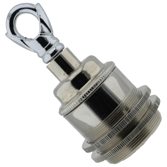 Traditional Edison Screw Bulb Holder (E27) with 2 Shade Rings and Metal Deco Styled Loop in Chrome Effect Finish