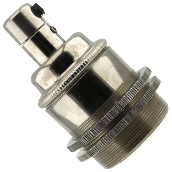Traditional Edison Screw Bulb Holder (E27) with 2 Shade Rings and Integrated Cord Grip in Chrome Effect Finish