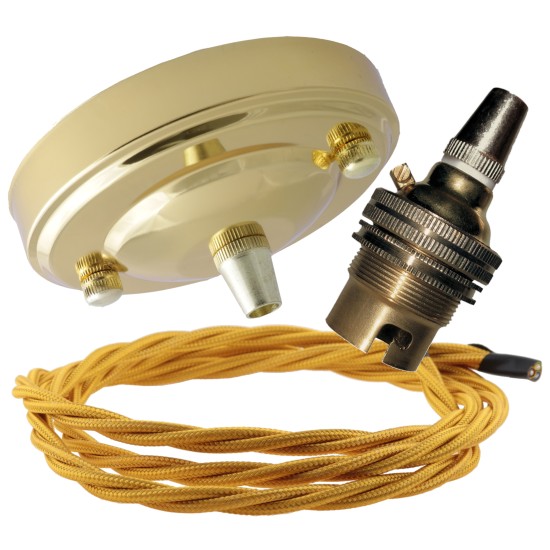Large Brass Ceiling Pendant Kit and B22 Lampholder with Gold Flex