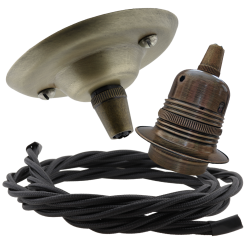 Antique Brass Ceiling Pendant Kit and E27 Lampholder with Black Flex