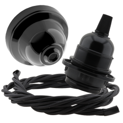 Black Bakelite Ceiling Pendant Kit and E27 Bulb Holder with Black Flex