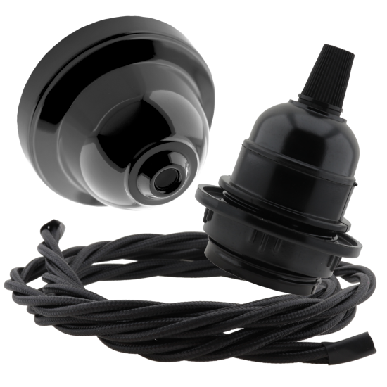 Black Bakelite Ceiling Pendant Kit and E27 Bulb Holder with Black Flex