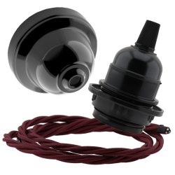 Black Bakelite Ceiling Pendant Kit and E27 Bulb Holder with Rich Burgundy Flex