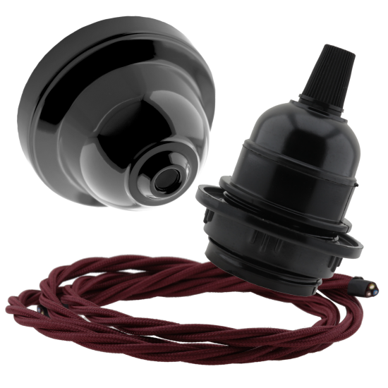 Black Bakelite Ceiling Pendant Kit and E27 Bulb Holder with Rich Burgundy Flex