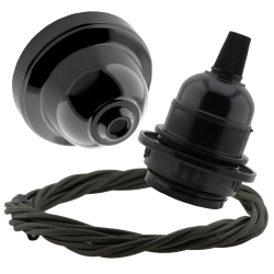 Black Bakelite Ceiling Pendant Kit and E27 Bulb Holder with Khaki Green Flex