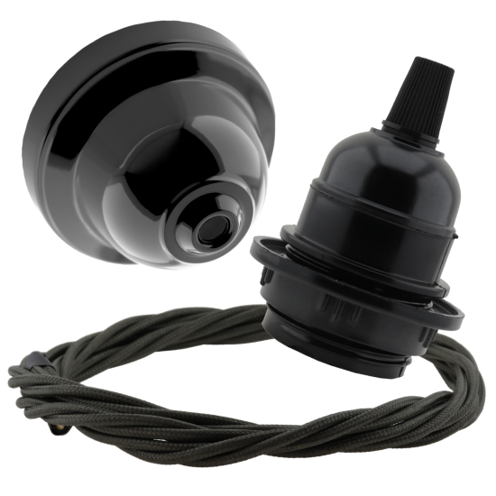 Black Bakelite Ceiling Pendant Kit and E27 Bulb Holder with Khaki Green Flex