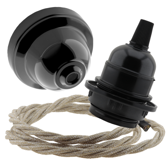 Black Bakelite Ceiling Pendant Kit and E27 Bulb Holder with Linen Flex