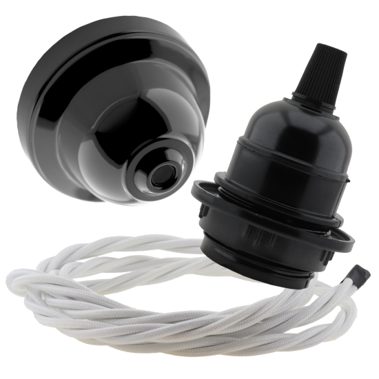 Black Bakelite Ceiling Pendant Kit and E27 Bulb Holder with White Flex