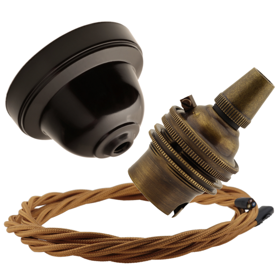 Brown Bakelite Ceiling Pendant Kit with B22 Antique Brass Lampholder and Antique Gold Flex
