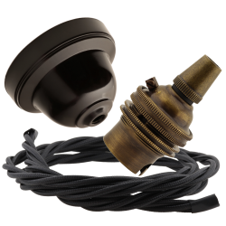 Brown Bakelite Ceiling Pendant Kit with B22 Antique Brass Lampholder and Black Flex