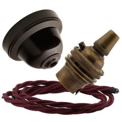 Brown Bakelite Ceiling Pendant Kit with B22 Antique Brass Lampholder and Rich Burgundy Flex