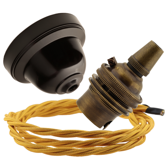 Brown Bakelite Ceiling Pendant Kit with B22 Antique Brass Lampholder and Gold Flex