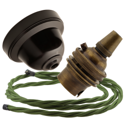 Brown Bakelite Ceiling Pendant Kit with B22 Antique Brass Lampholder and Green Flex
