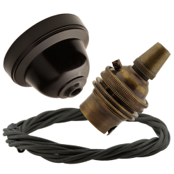 Brown Bakelite Ceiling Pendant Kit with B22 Antique Brass Lampholder and Khaki Green Flex