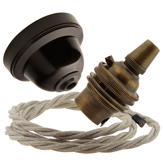 Brown Bakelite Ceiling Pendant Kit with B22 Antique Brass Lampholder and Linen Flex