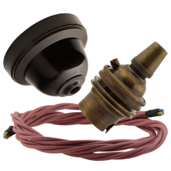 Brown Bakelite Ceiling Pendant Kit with B22 Antique Brass Lampholder and Dusky Pink Flex