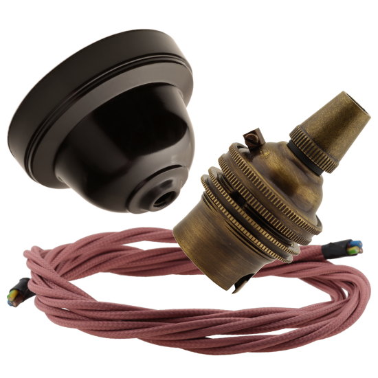 Brown Bakelite Ceiling Pendant Kit with B22 Antique Brass Lampholder and Dusky Pink Flex