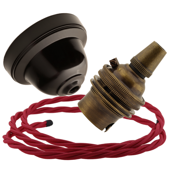 Brown Bakelite Ceiling Pendant Kit with B22 Antique Brass Lampholder and Bright Red Flex