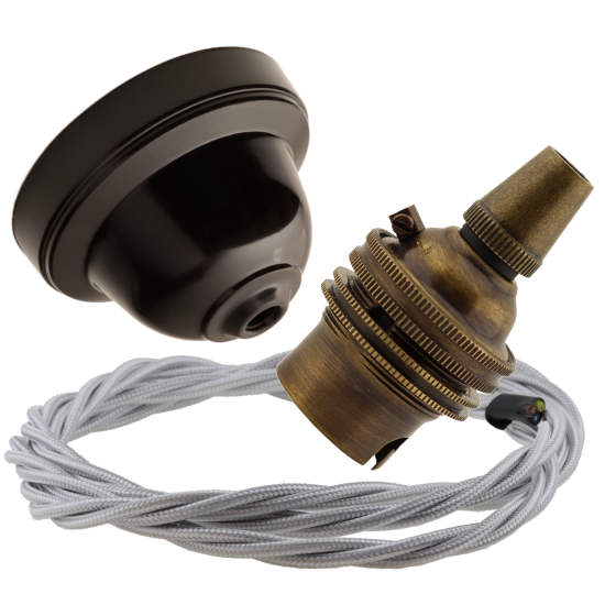 Brown Bakelite Ceiling Pendant Kit with B22 Antique Brass Lampholder and Silver Flex