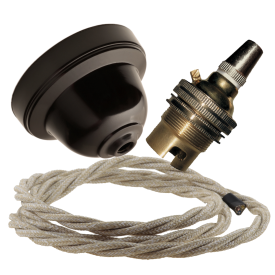 Brown Bakelite Ceiling Pendant Kit with B22 Brass Lampholder and Linen Flex