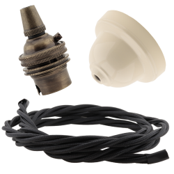 Ivory Bakelite Ceiling Pendant Kit with B22 Antique Brass Lampholder and Black Flex