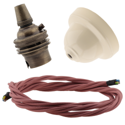 Ivory Bakelite Ceiling Pendant Kit with B22 Antique Brass Lampholder and Dusky Pink Flex
