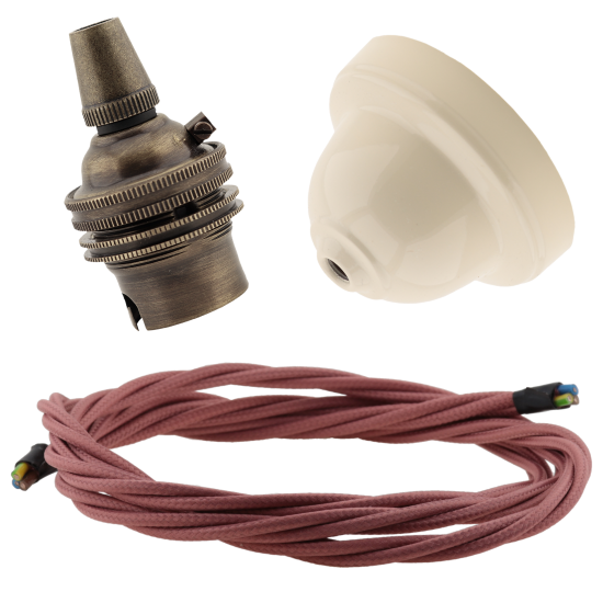 Ivory Bakelite Ceiling Pendant Kit with B22 Antique Brass Lampholder and Dusky Pink Flex