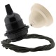 Pendant Kit Bakelite Ceiling Cup in Applied Ivory Finish with a Black Bakelite Lampholder and Khaki Green Flex