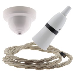 White Bakelite Ceiling Pendant Kit with B22 White Bakelite Lampholder and Linen Flex