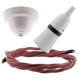 White Bakelite Ceiling Pendant Kit with B22 White Bakelite Lampholder and Dusky Pink Flex