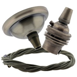 Small Antique Brass Ceiling Pendant Kit and B22 Lampholder with Khaki Green Flex