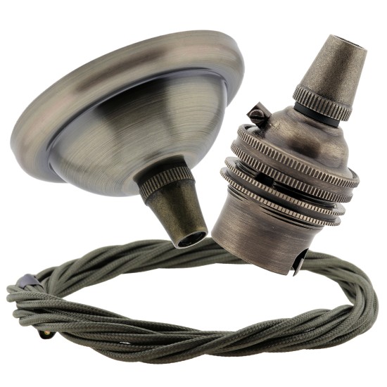 Small Antique Brass Ceiling Pendant Kit and B22 Lampholder with Khaki Green Flex