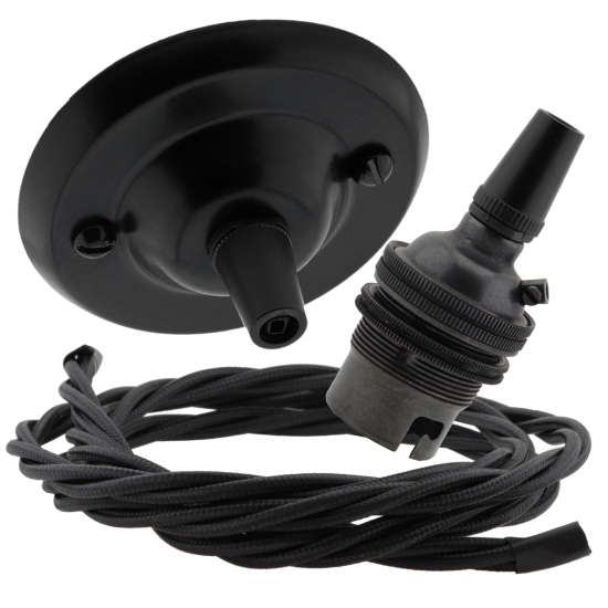 Matt Black Ceiling Pendant Kit and B22 Bronze Lampholder with Black Flex