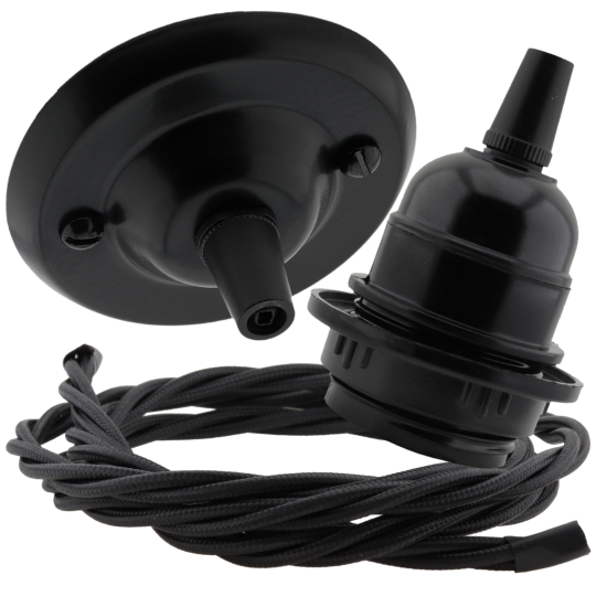 Matt Black Ceiling Pendant Kit and E27 Bakelite Lampholder with Black Flex
