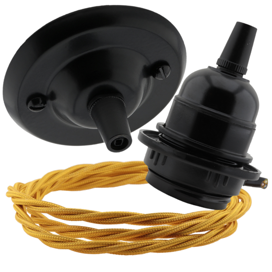 Vintage Styled Ceiling Pendant Kit incl. Polished Brass Effect Rose, E27 Bulb Holder and 3 Core Gold Braided Twisted Flex