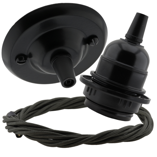 Matt Black Ceiling Pendant Kit and E27 Bakelite Lampholder with Khaki Green Flex