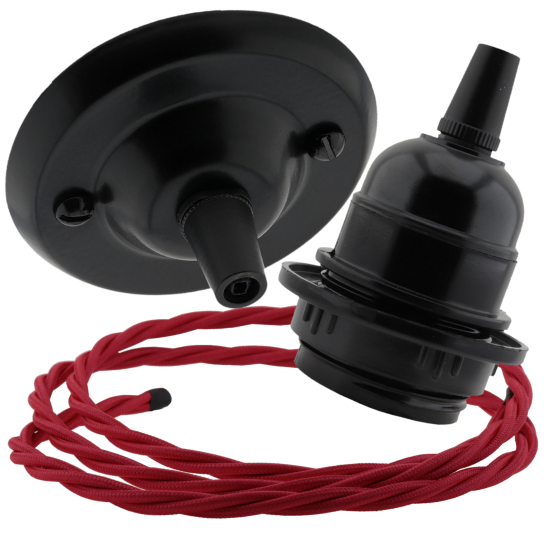 Matte Black Ceiling Pendant Kit and E27 Bakelite Lampholder with Bright Red Flex