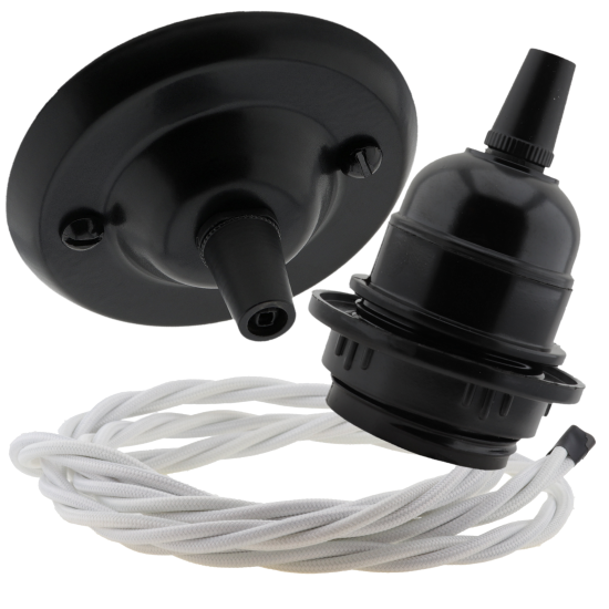 Matt Black Ceiling Pendant Kit and E27 Bakelite Lampholder with White Flex