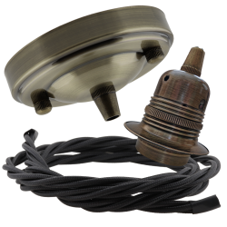 Large Antique Brass Ceiling Pendant Kit and E27 Lampholder with Black Flex