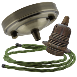 Large Antique Brass Ceiling Pendant Kit and E27 Lampholder with Green Flex