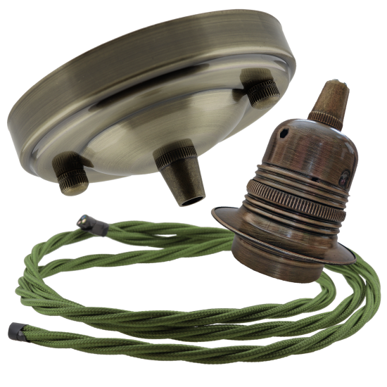 Large Antique Brass Ceiling Pendant Kit and E27 Lampholder with Green Flex