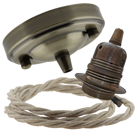 Large Antique Brass Ceiling Pendant Kit and E27 Lampholder with Linen Flex