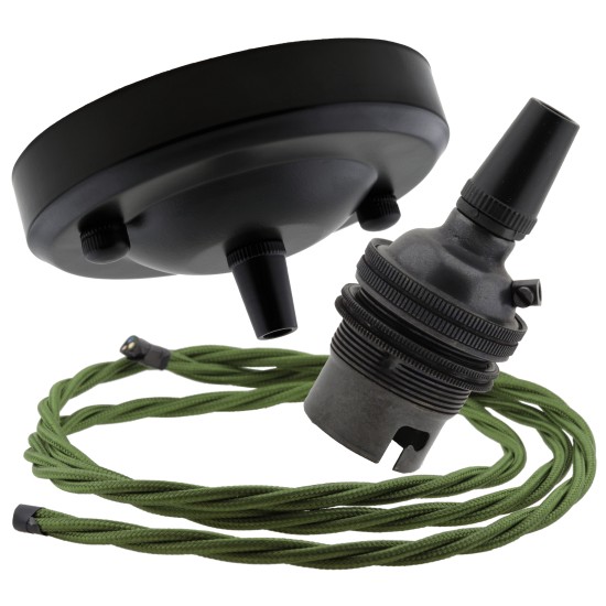 Ceiling Pendant Kit with Large Rose and B22 Lampholder in Matte Black Finish with Green Flex