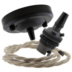 Ceiling Pendant Kit with Large Rose and B22 Lampholder in Matte Black Finish with Linen Effect Flex