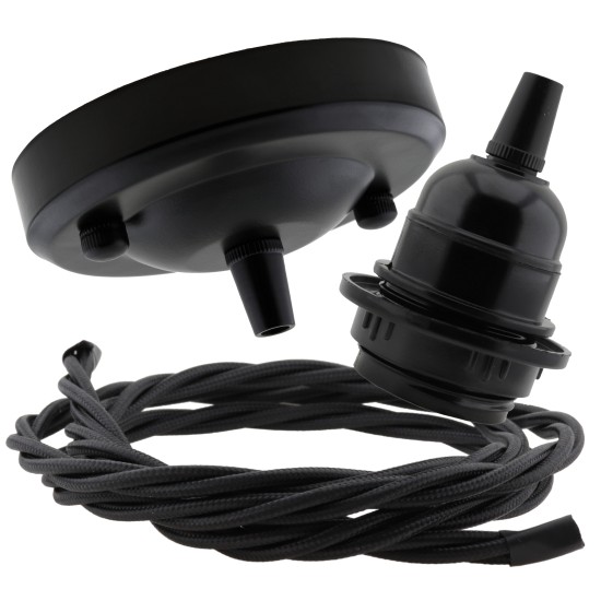 Ceiling Pendant Kit with Large Rose and E27 Lampholder in Matte Black Finish with Black Flex