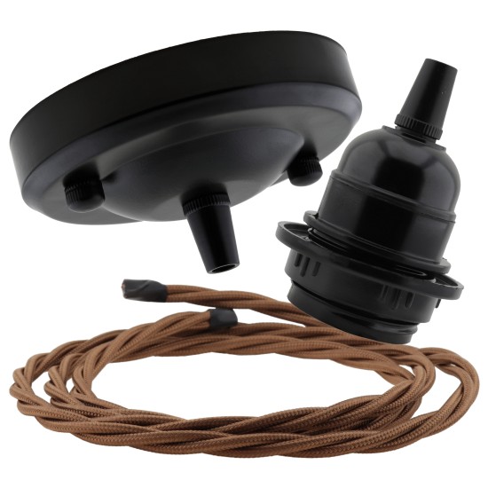 Ceiling Pendant Kit with Large Rose and E27 Lampholder in Matte Black Finish with Bright Red Flex